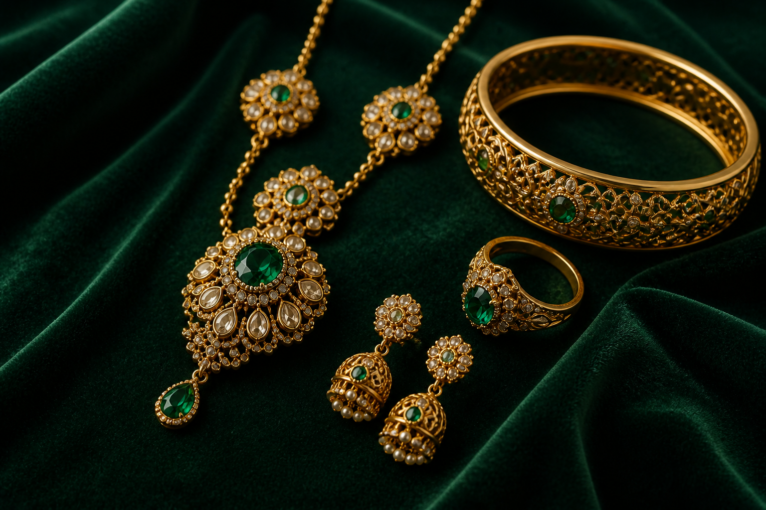 Emerald and gold jewellery arranged on deep green velvet
